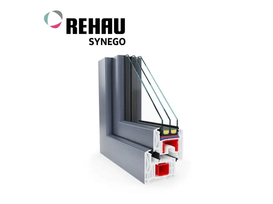 Rehau Synego PVC loga profila šķērsgriezums ar trīs stiklu paketi